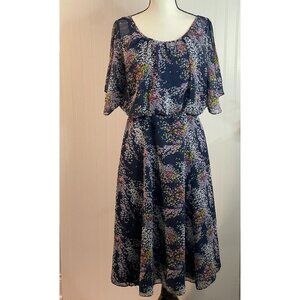 ModCloth Floral A-Line Midi Skirt S Polyester Navy Multicolor Pockets